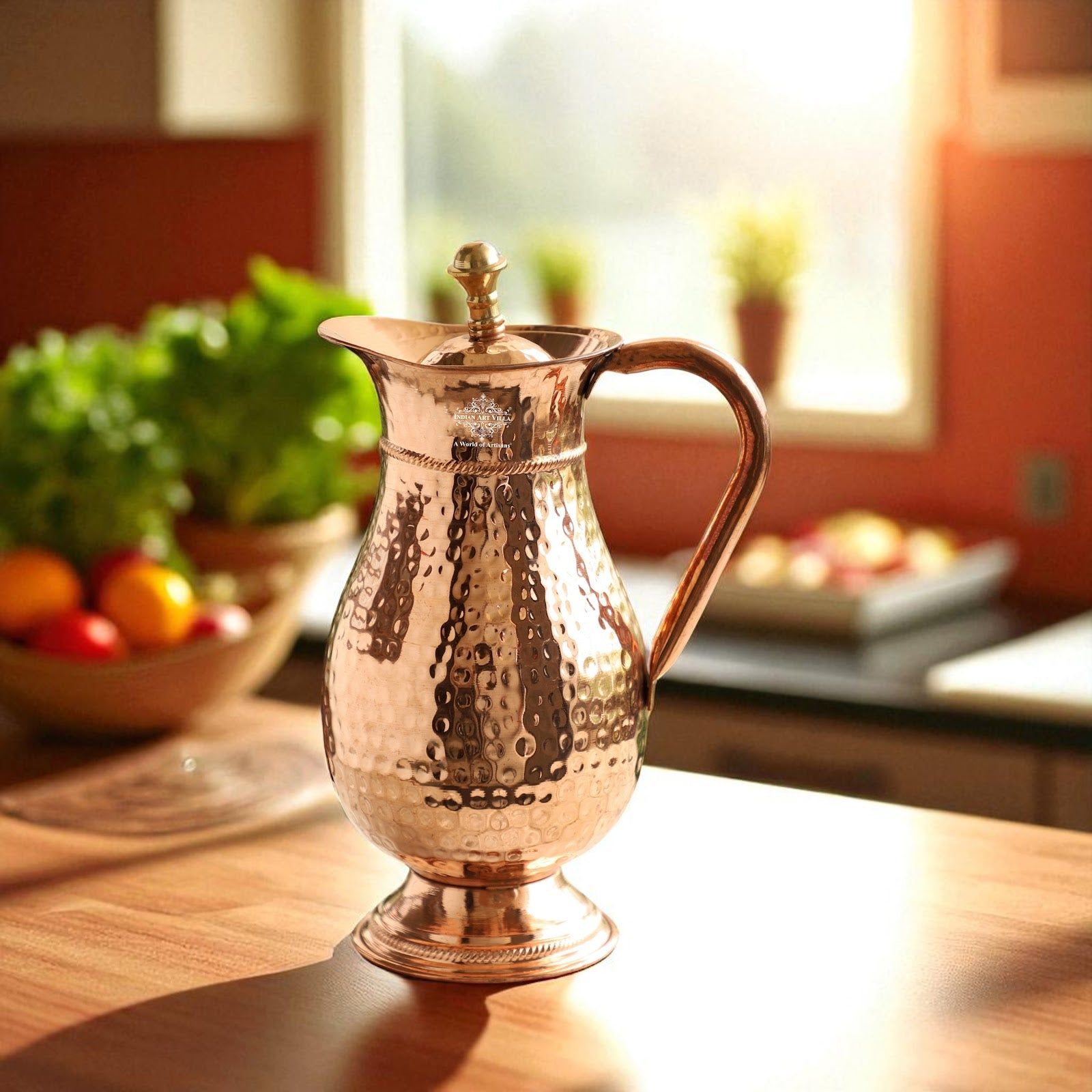 Pure copper antique hammered design mughlai jug with lid hammered, 1500 ML
